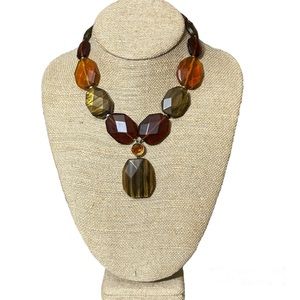Vintage acrylic diamond cut beaded drop necklace. Amber, orange, brown and gold
